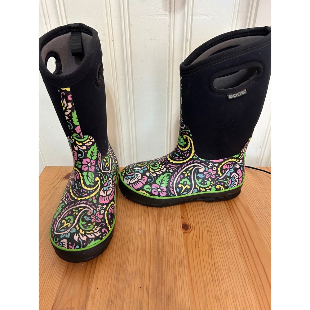 Bogs Kids Size 4 Waterproof Insulated Paisley Neoprene Rain Boots Black Multi